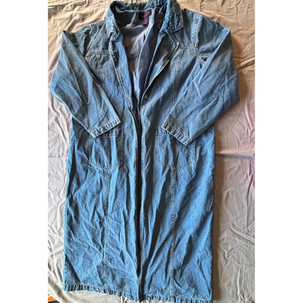 Denim & Co Vintage Long Denim Trench Coat Duster Blue 1X Cotton Lined Jacket